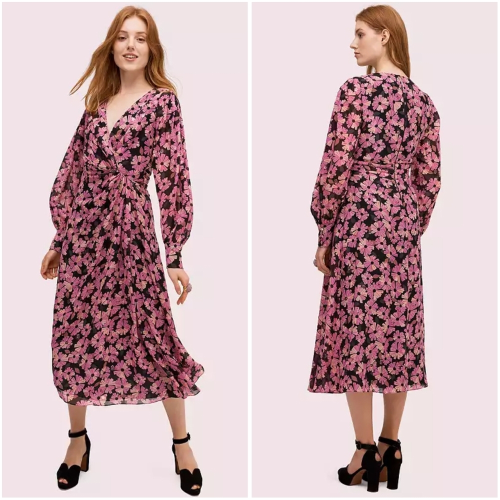 Kate Spade Wallflower Midi Metallic Silk Chiffon Dress 2